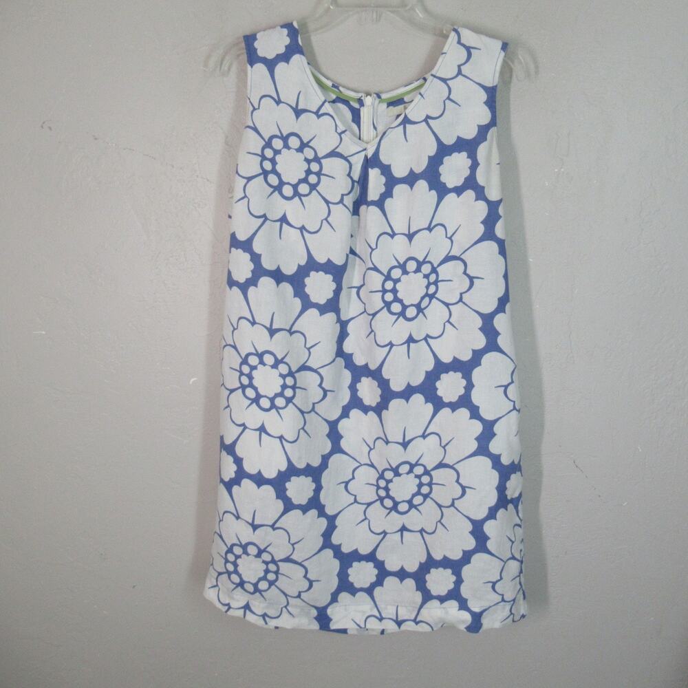 Boden Dress 12 Sky Blue Floral 100% Linen Pockets Sleeveless Summer Beach Vneck